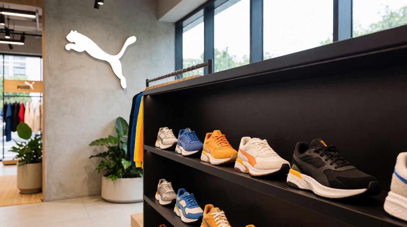 Loja PUMA Brasil com vitrine de tênis e roupas esportivas
