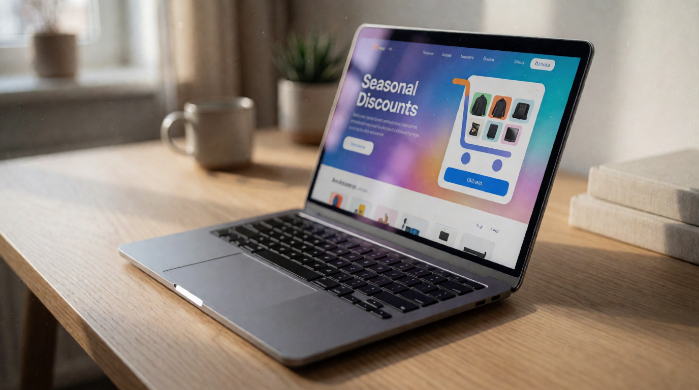 Tela de notebook mostrando desconto no carrinho de compras