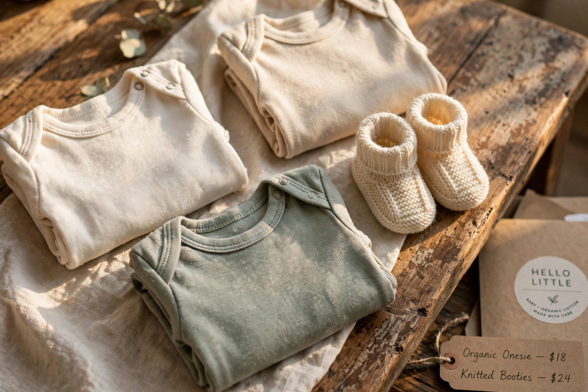 Roupas de bebê organizadas em mesa de madeira