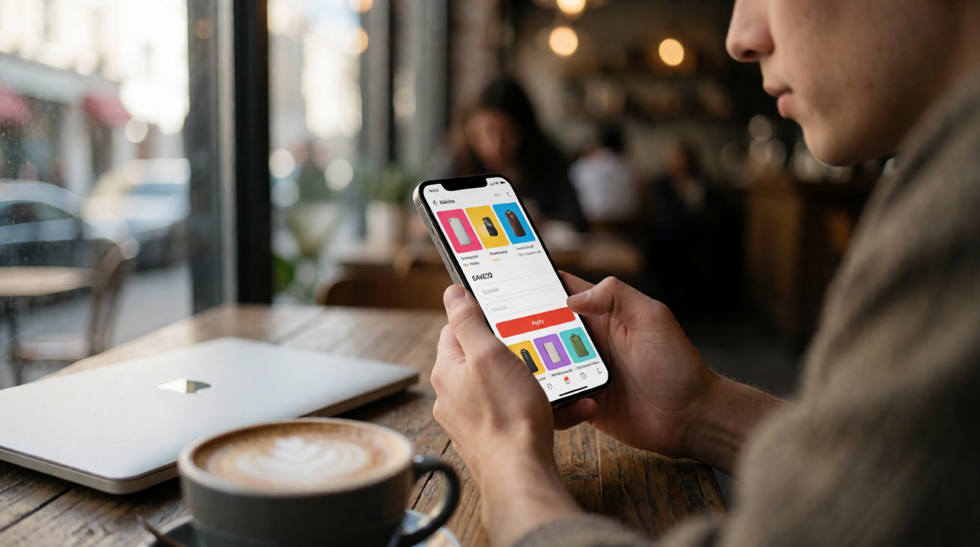 Pessoa utilizando smartphone para fazer compras online e aplicar cupons