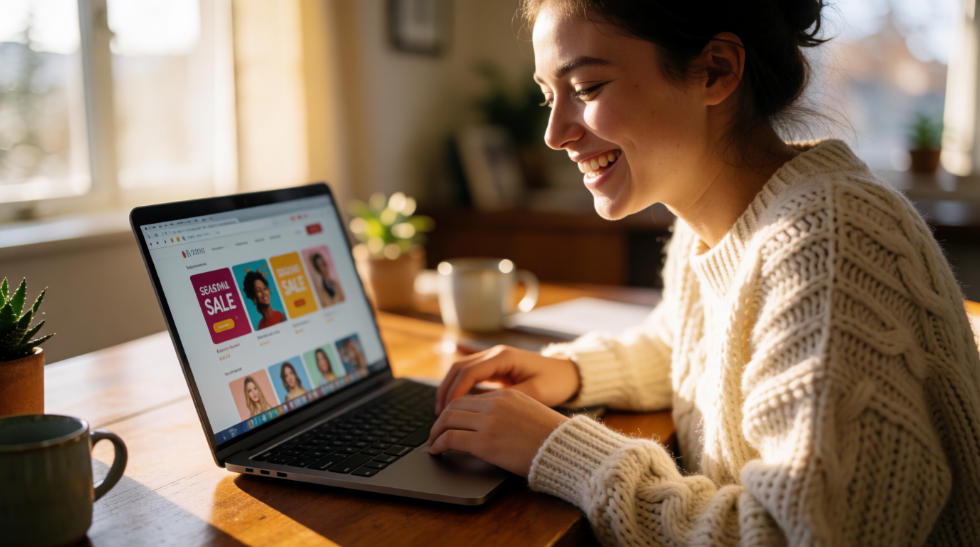 Mulher sorrindo fazendo compras online no laptop