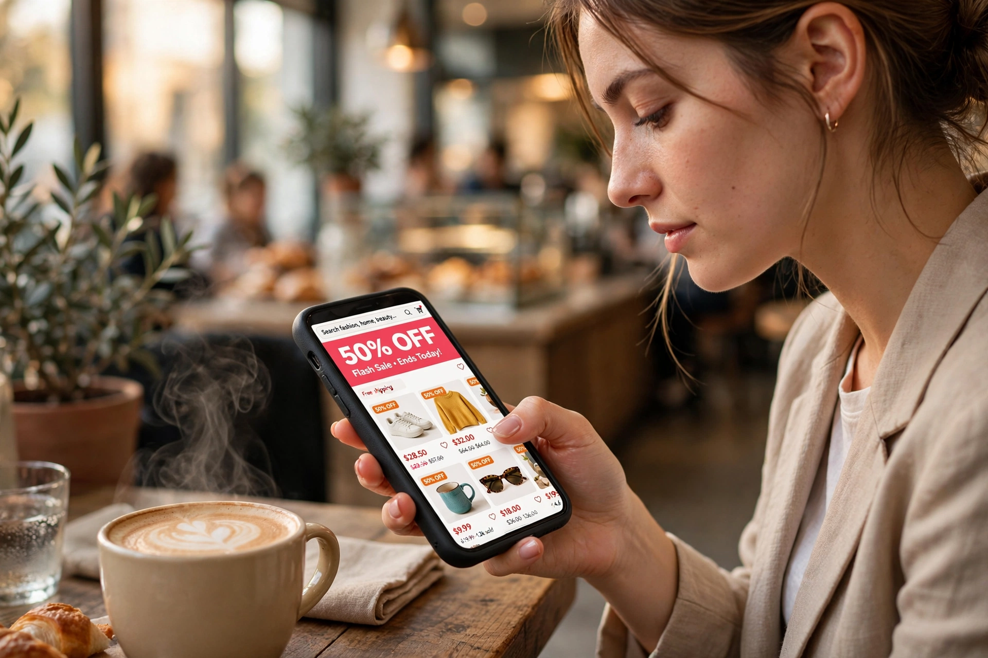 Pessoa segurando smartphone fazendo compras online
