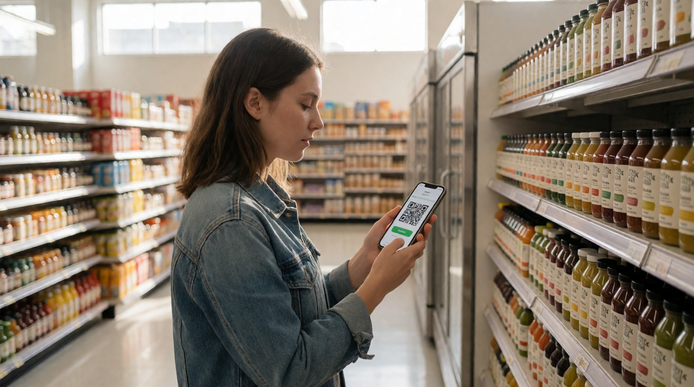 Cliente usando cupom no smartphone no supermercado