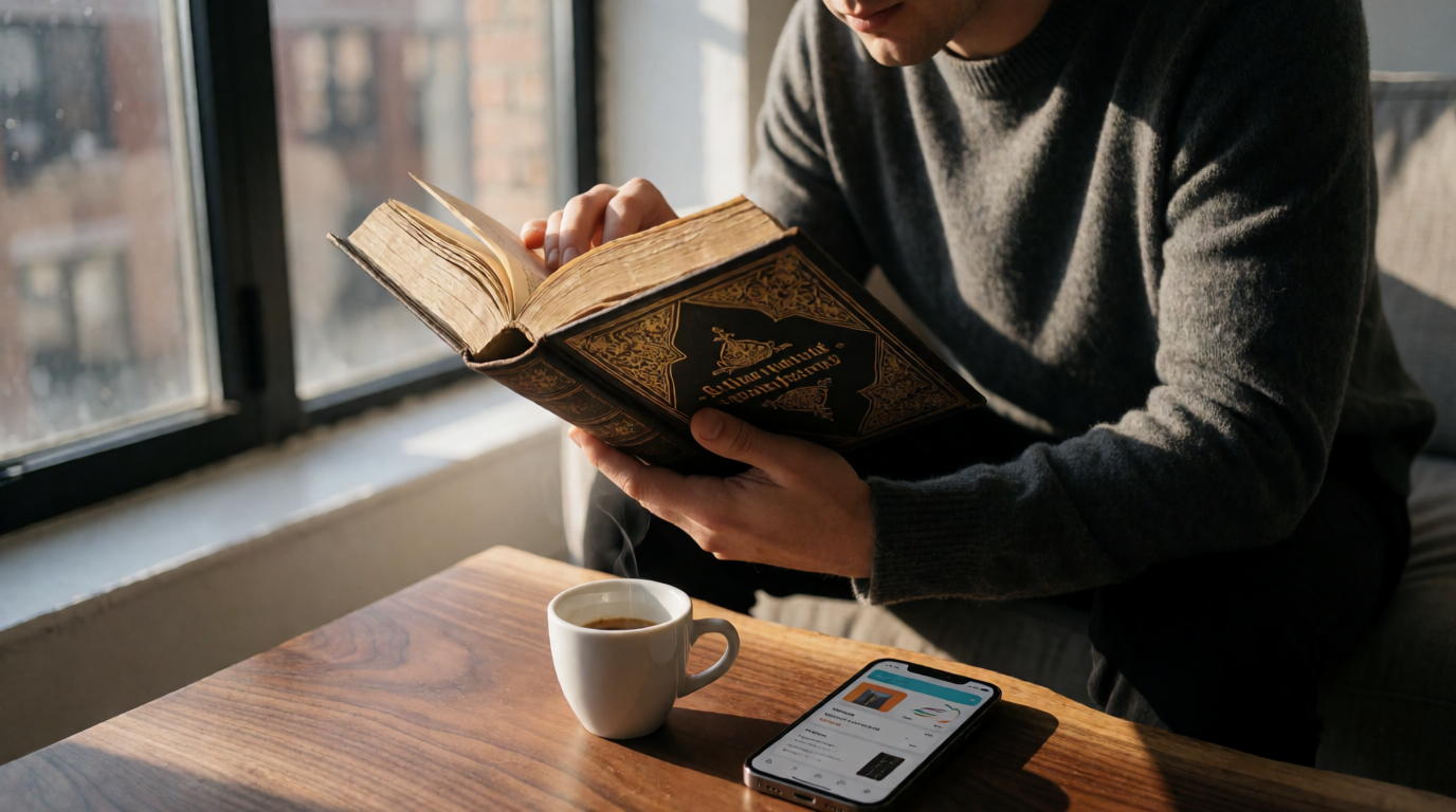 Pessoa lendo um livro de estilo gótico em ambiente aconchegante