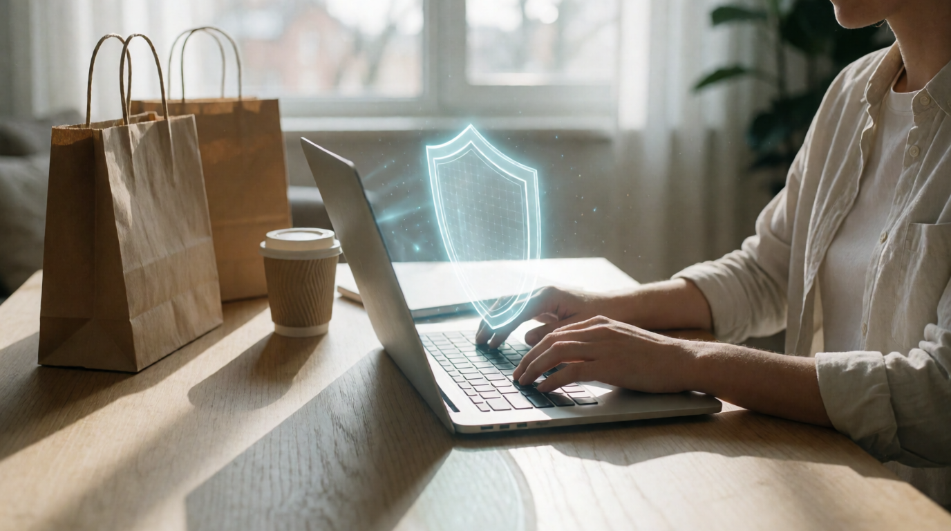 Persona che utilizza un laptop con scudo VPN per proteggere la privacy online