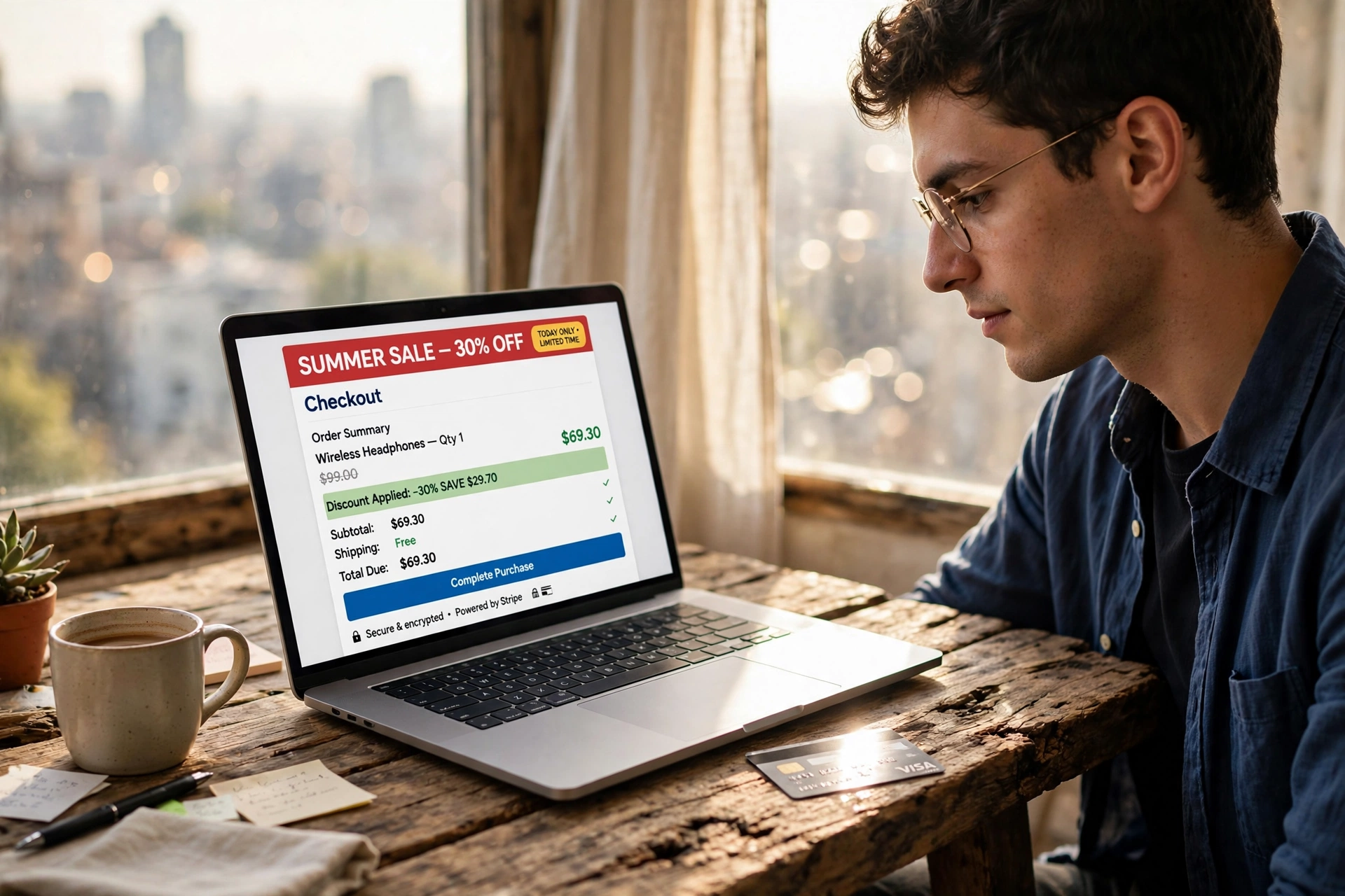 Pessoa utilizando notebook e cartão de crédito para compras online