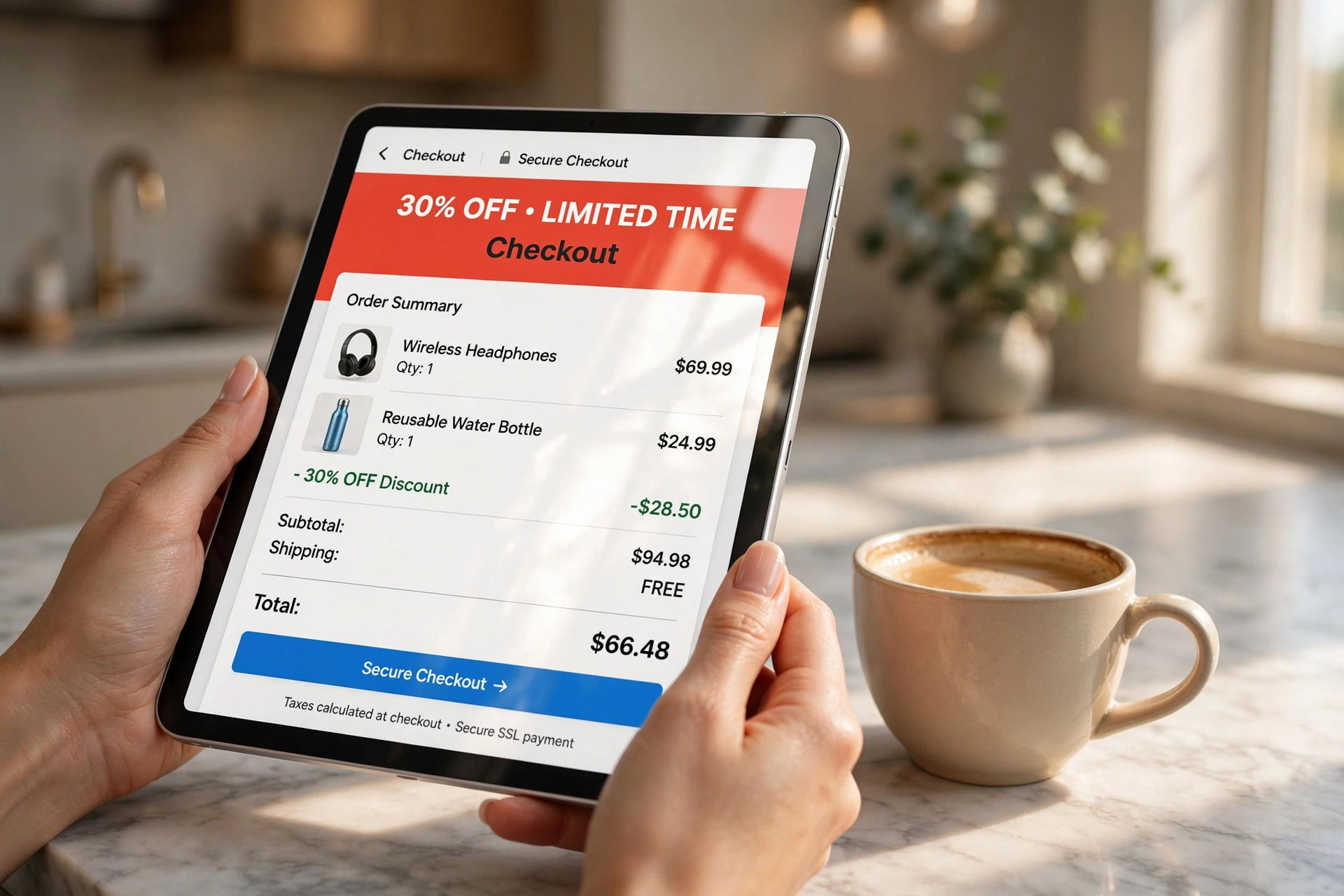 Tablet digital mostrando carrinho de compras com desconto aplicado