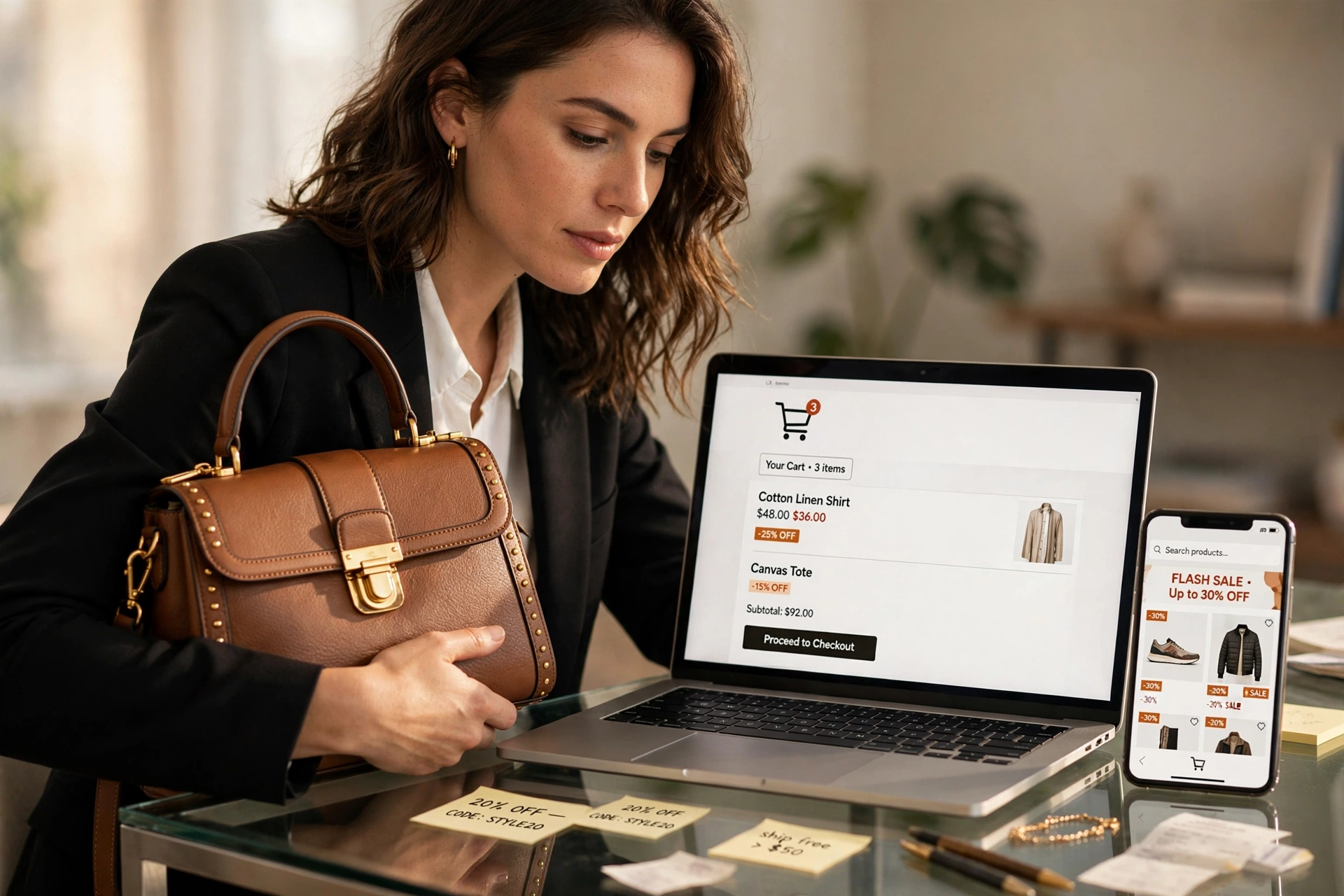 Mulher segurando bolsa elegante fazendo compras online