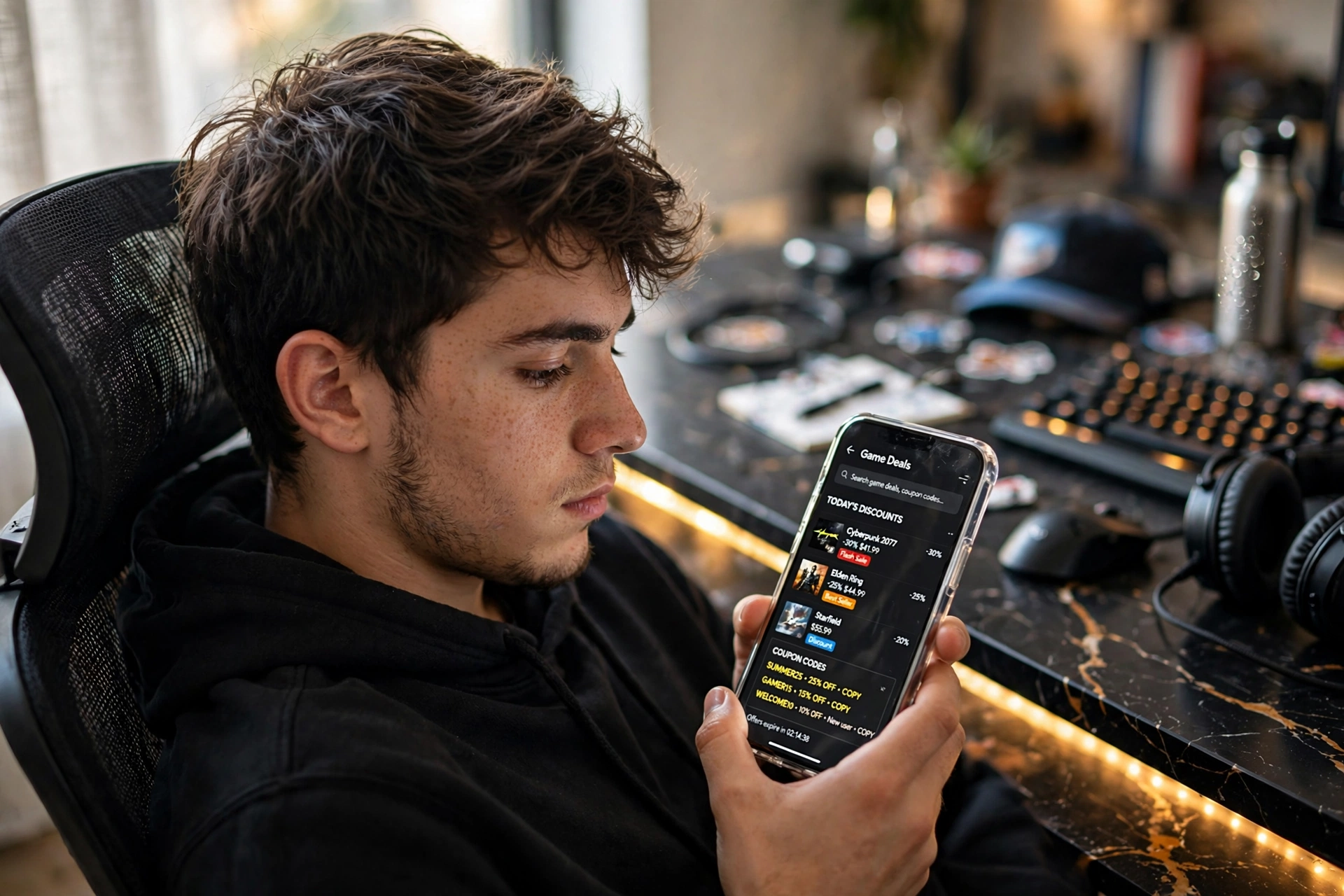 Pessoa utilizando smartphone para buscar cupons de desconto em games