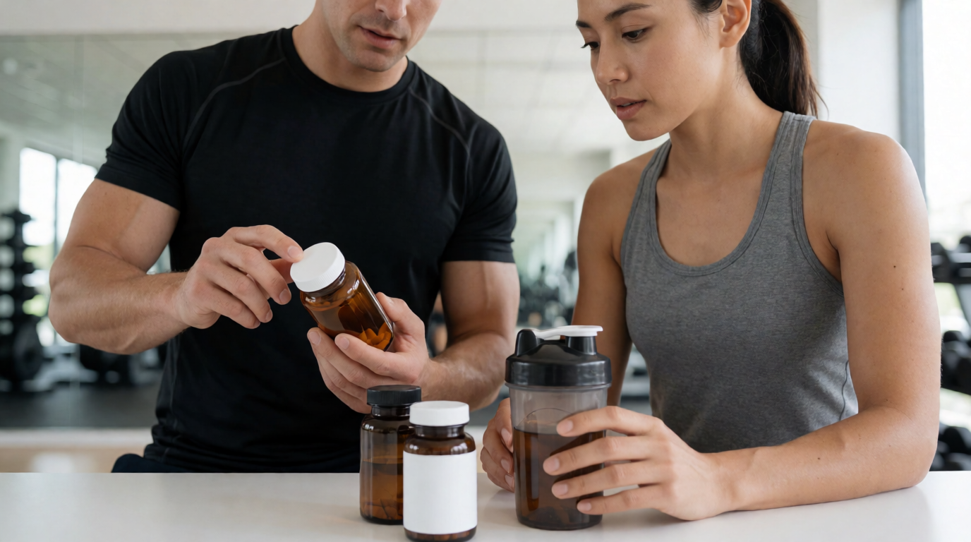 Personal trainer orientando cliente sobre suplementos esportivos