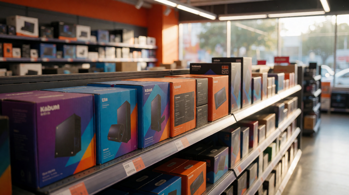 Prateleiras da loja Kabum com produtos de tecnologia