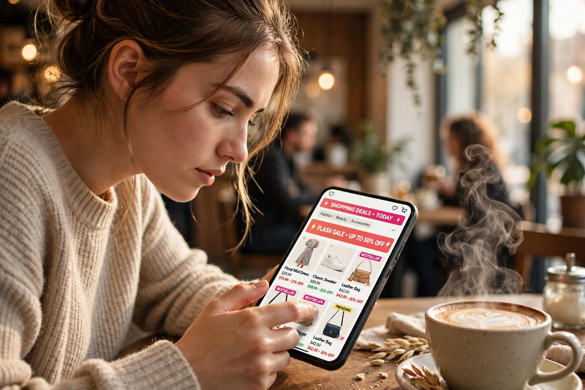 Pessoa utilizando smartphone para compras online com cupons