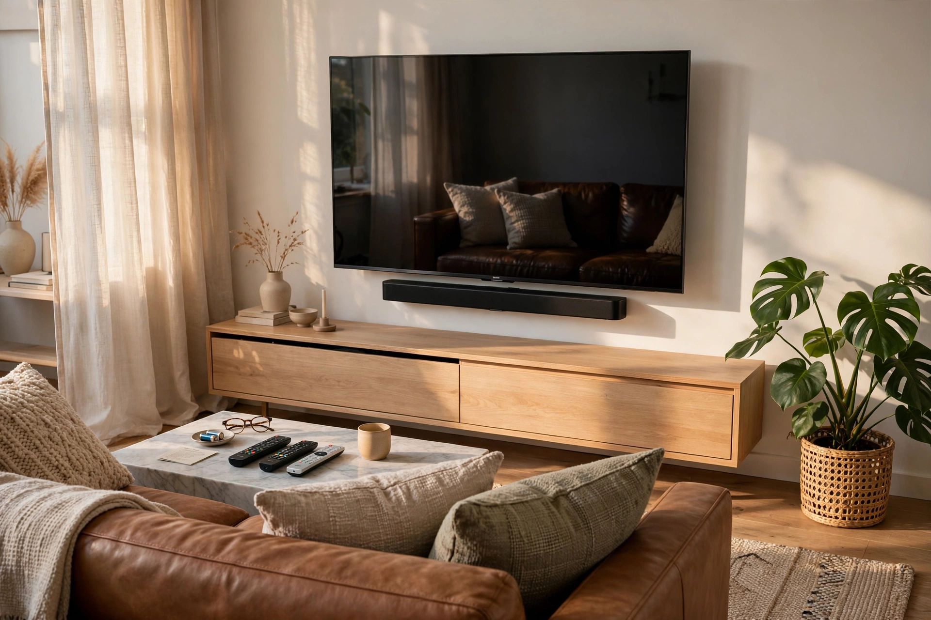 Sala de estar moderna com smart TV e soundbar de alta qualidade