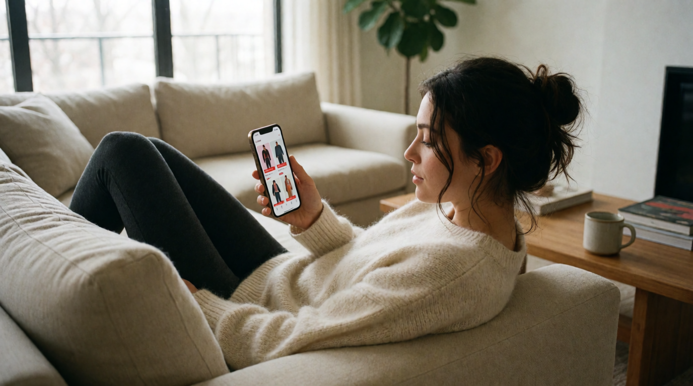 Mulher fazendo compras de roupas pelo smartphone no sofá