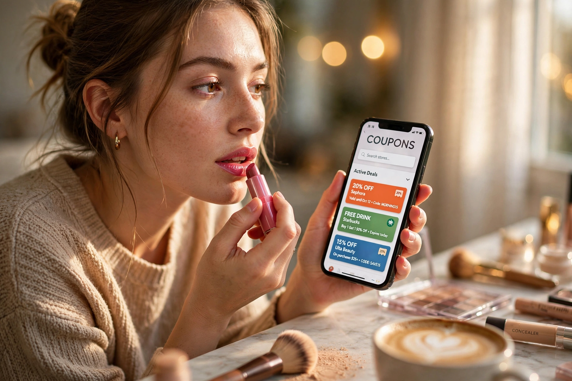 Mulher aplicando maquiagem enquanto usa smartphone para buscar cupons