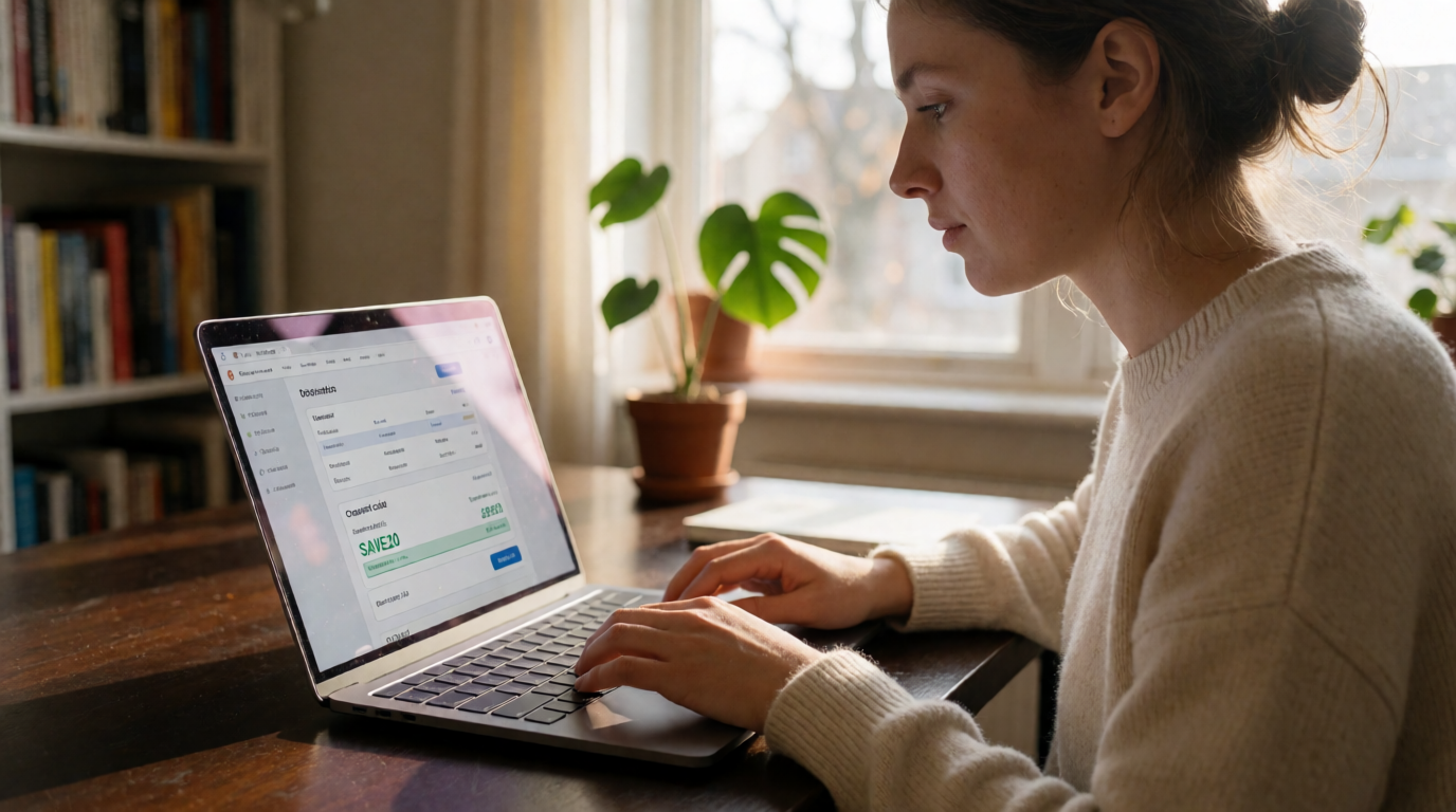 Pessoa fazendo compra online em laptop usando código de cupom