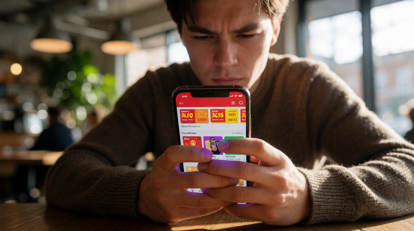 Pessoa utilizando aplicativo de compras no celular para buscar descontos