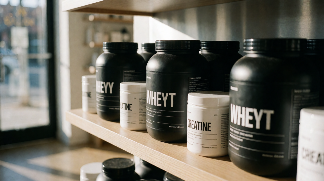Prateleira com suplementos esportivos como whey protein e creatina