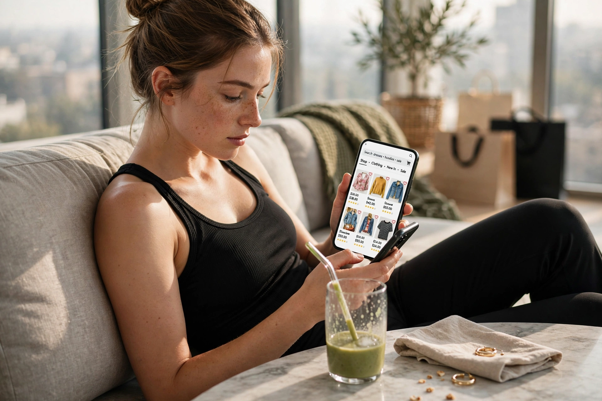 Mulher com roupas de academia fazendo compras online no celular