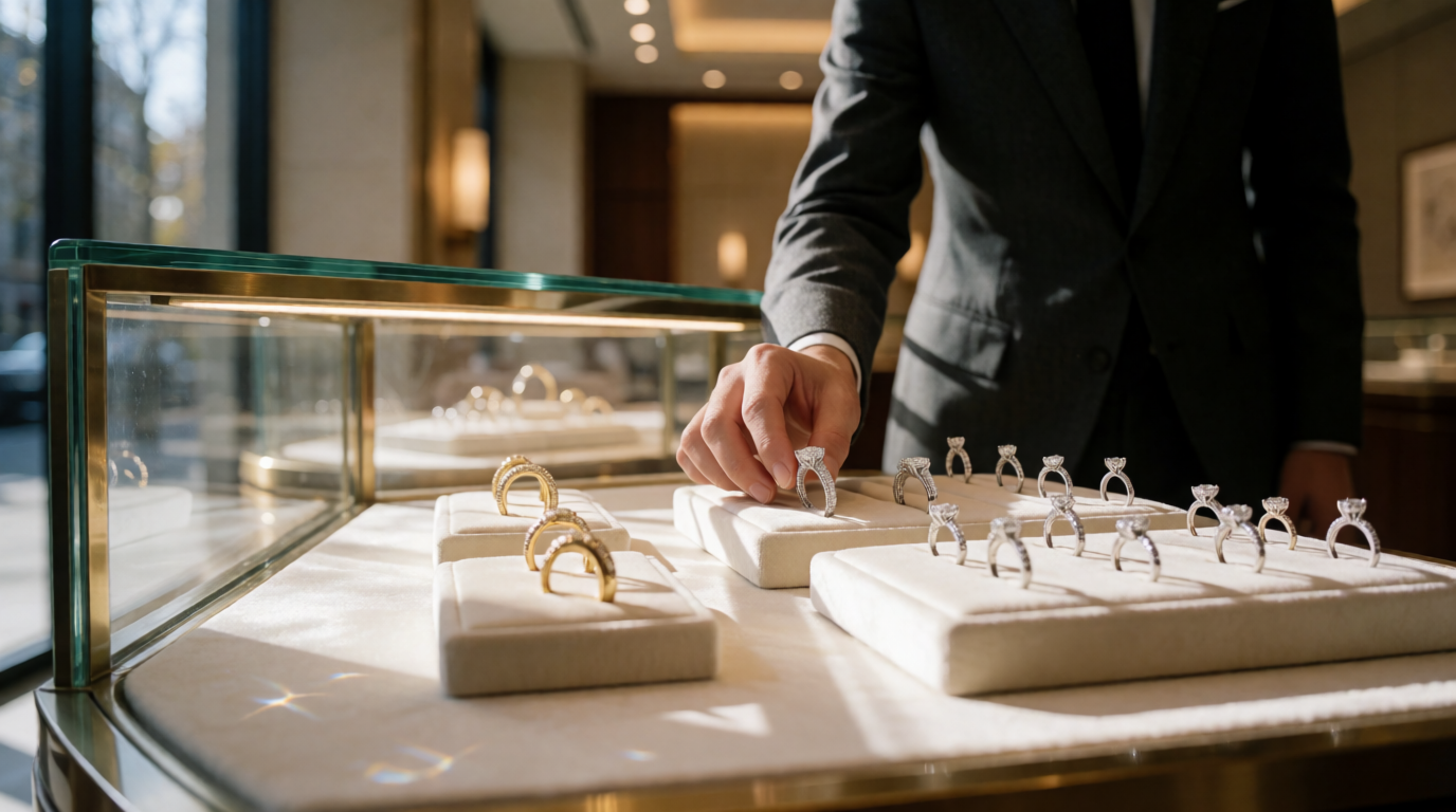 Vitrine de joalheria de luxo com exposição de anéis e pulseiras