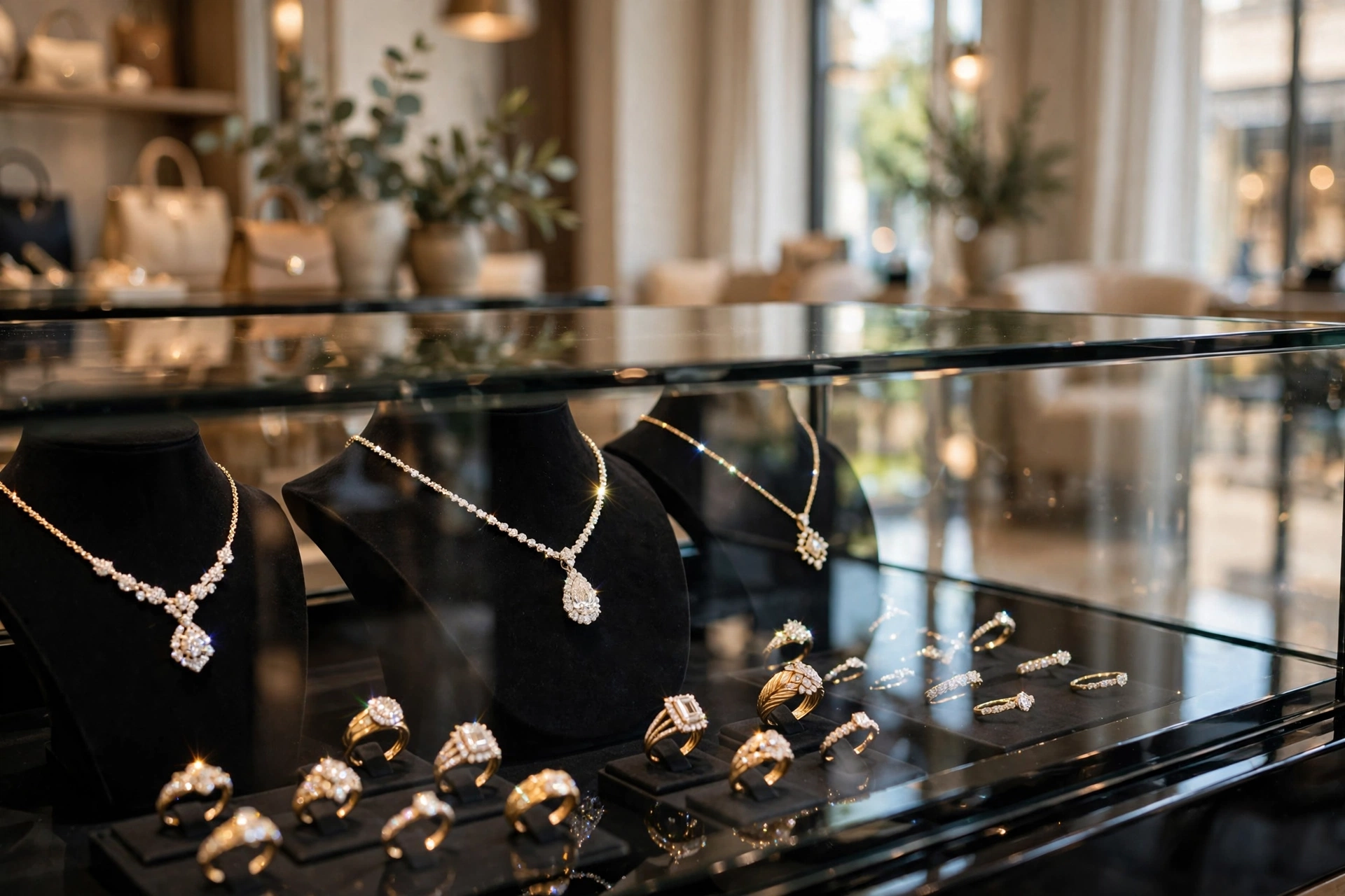 Vitrine elegante de joias de luxo em loja de acessórios