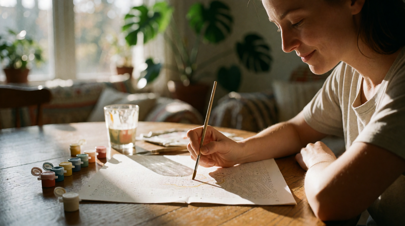 Mulher feliz pintando por números em casa, com pincel e tela sobre a mesa
