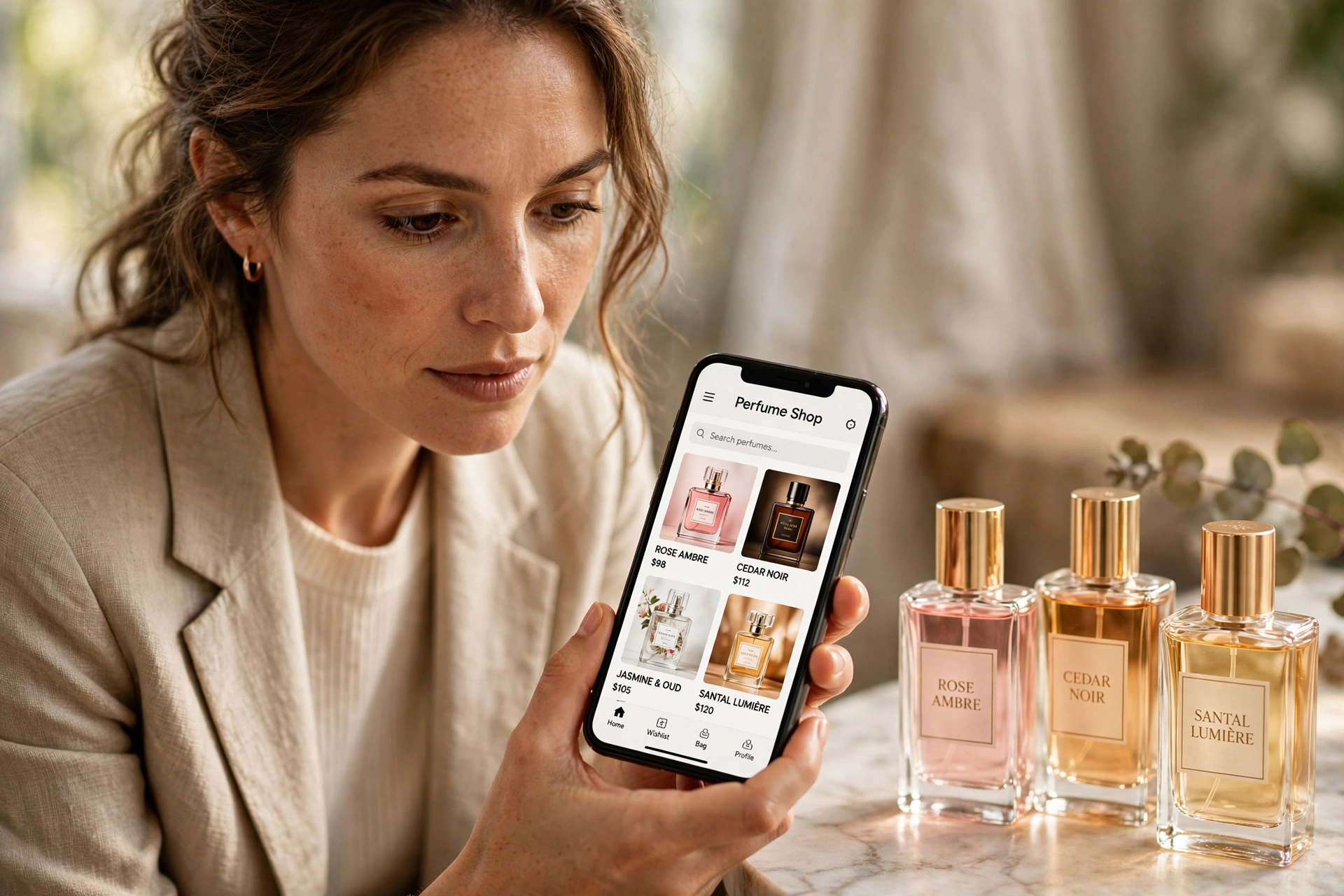 Pessoa fazendo compras online de perfumes em um smartphone