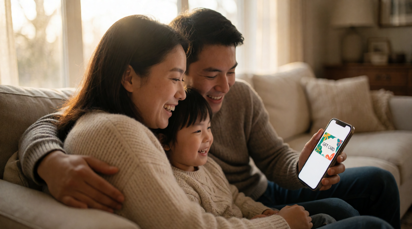 Família recebendo presente digital via smartphone