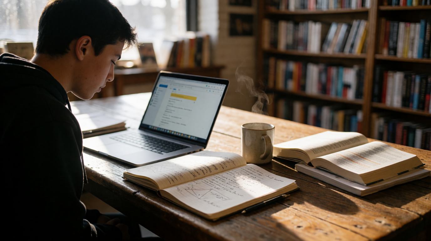 Estudante estudando com notebook e caderno para vestibular