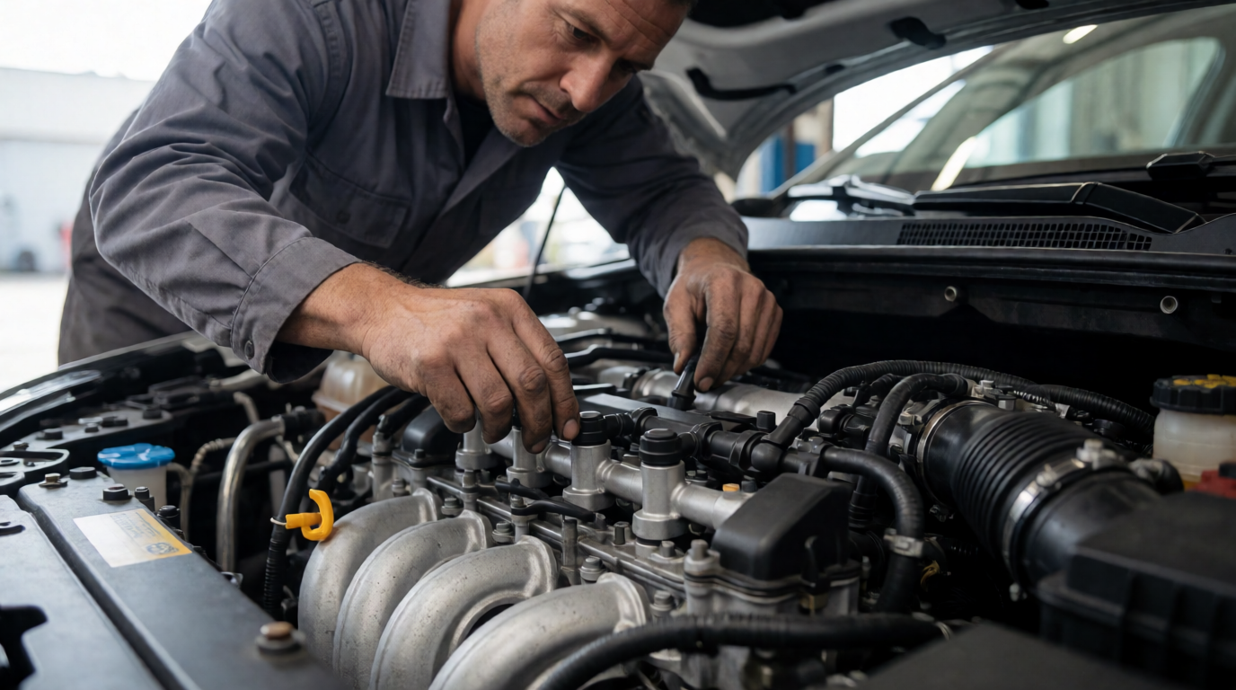 Mecânico verificando motor de carro em oficina automotiva