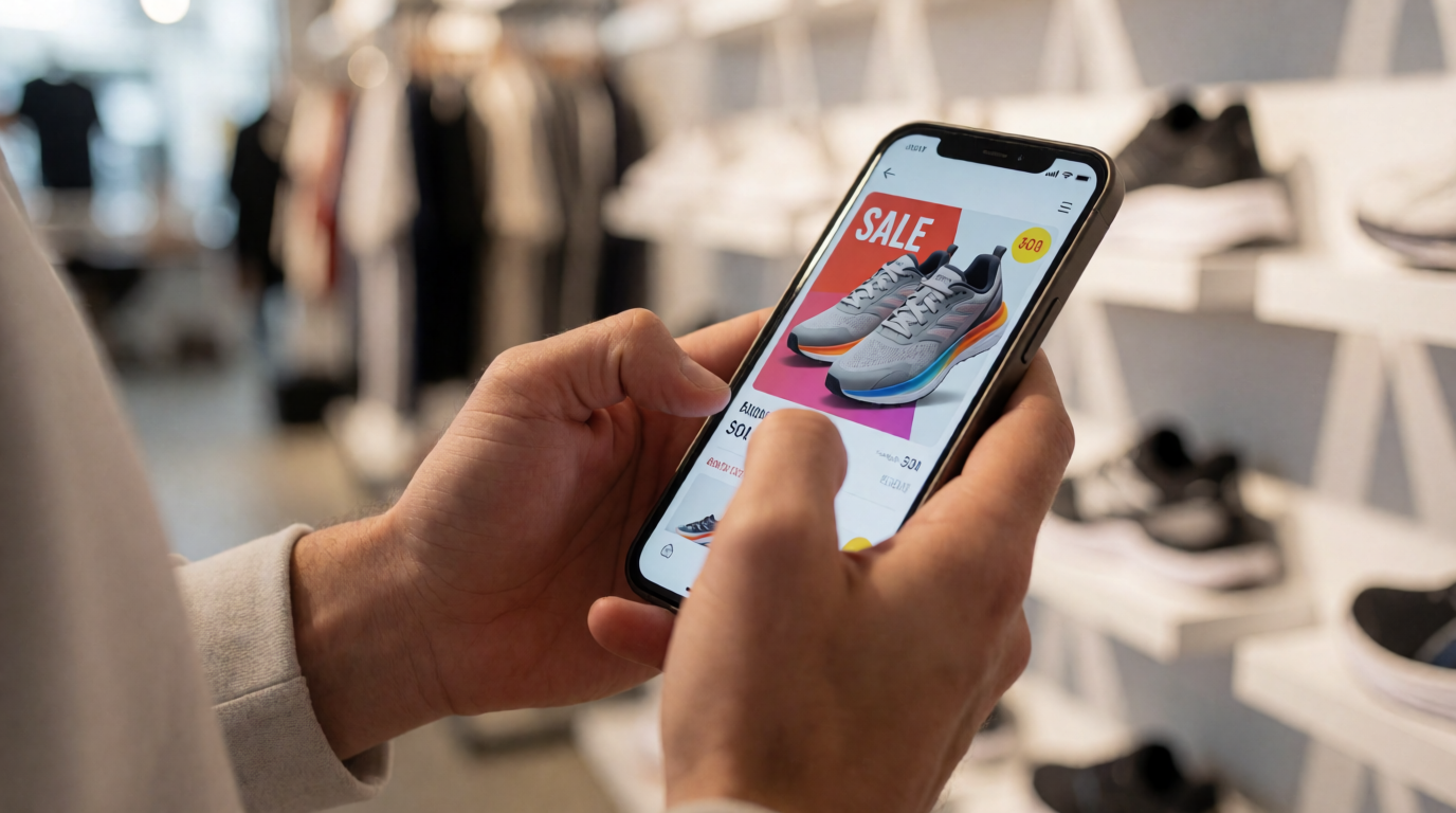 Pessoa usando smartphone comprando tênis esportivos