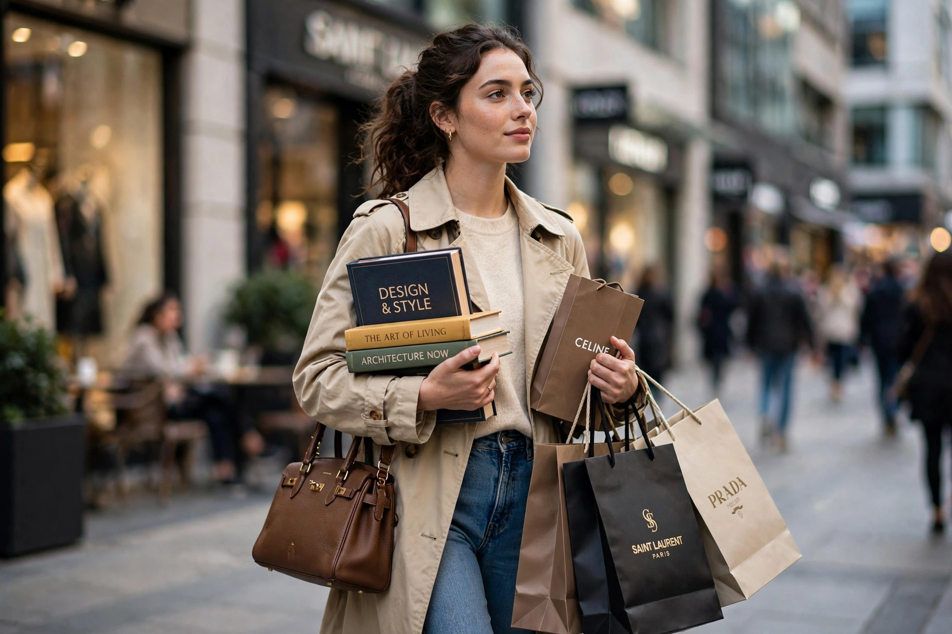 Pessoa segurando livros e sacolas de compras de moda