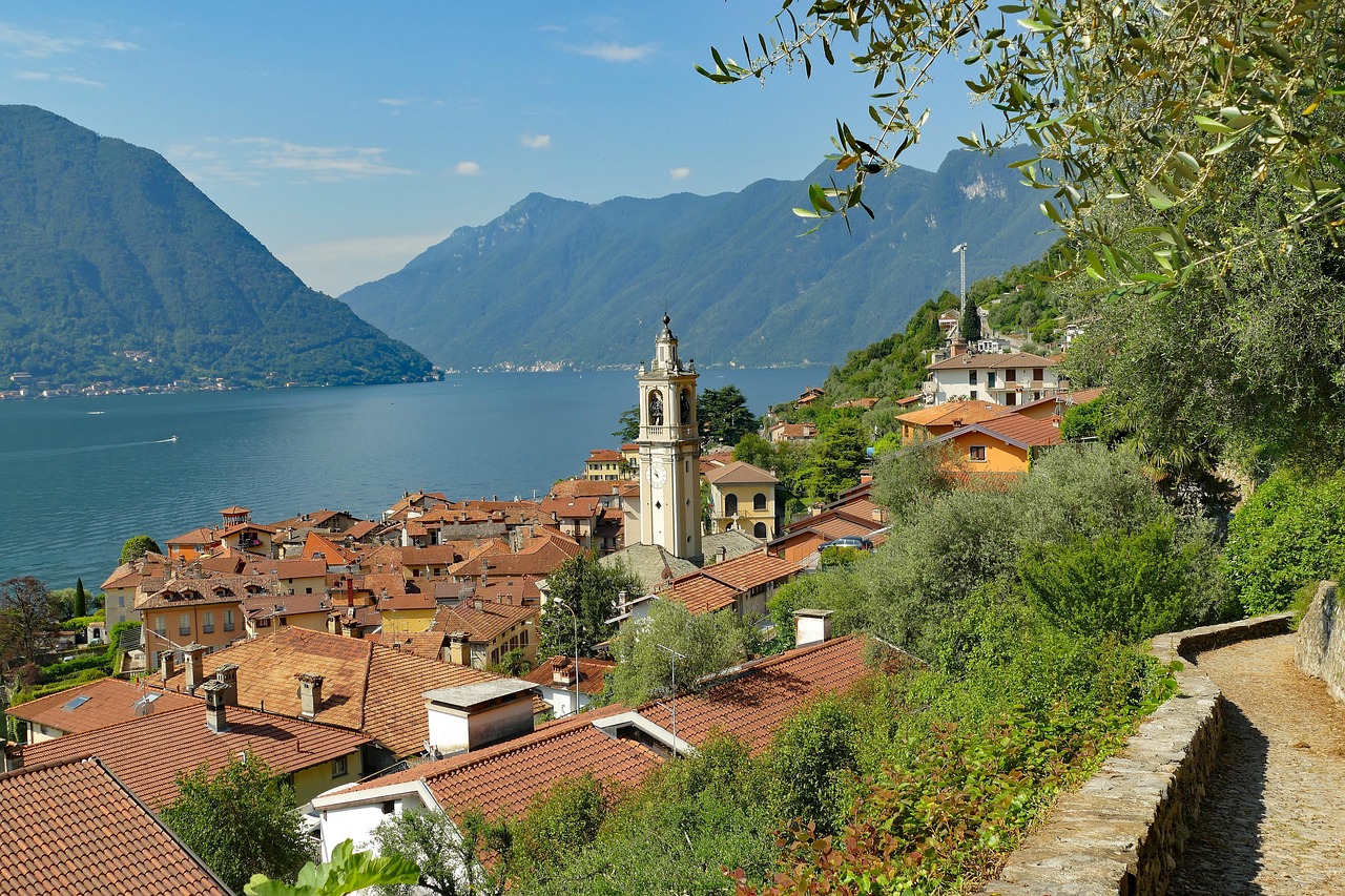 italy, lake como, nature, sala comacina, lake, vacations, city, historic center, old, church, church tower, houses, greenway, lago di como