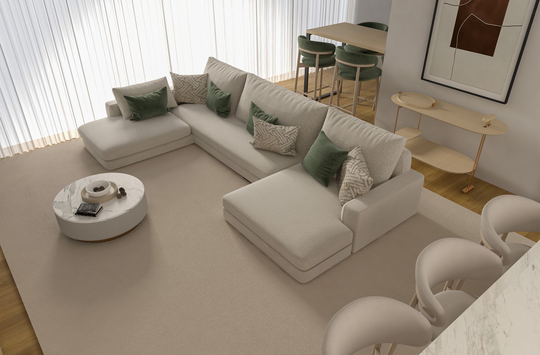 A contemporary living room with minimalist decor, featuring neutral tones and elegant furniture.