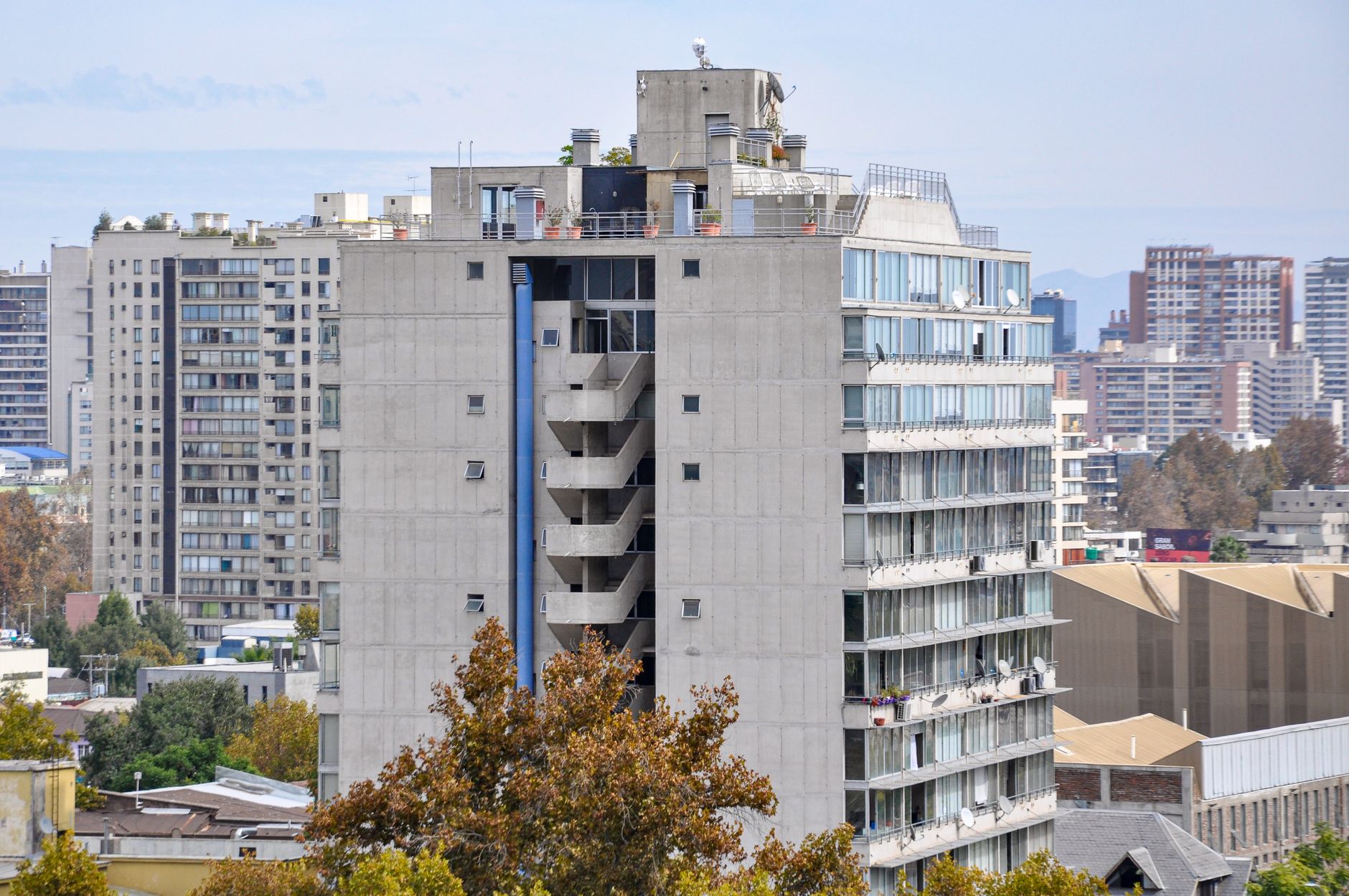 View of urban high-rise apartment buildings in Santiago, showcasing modern architecture.