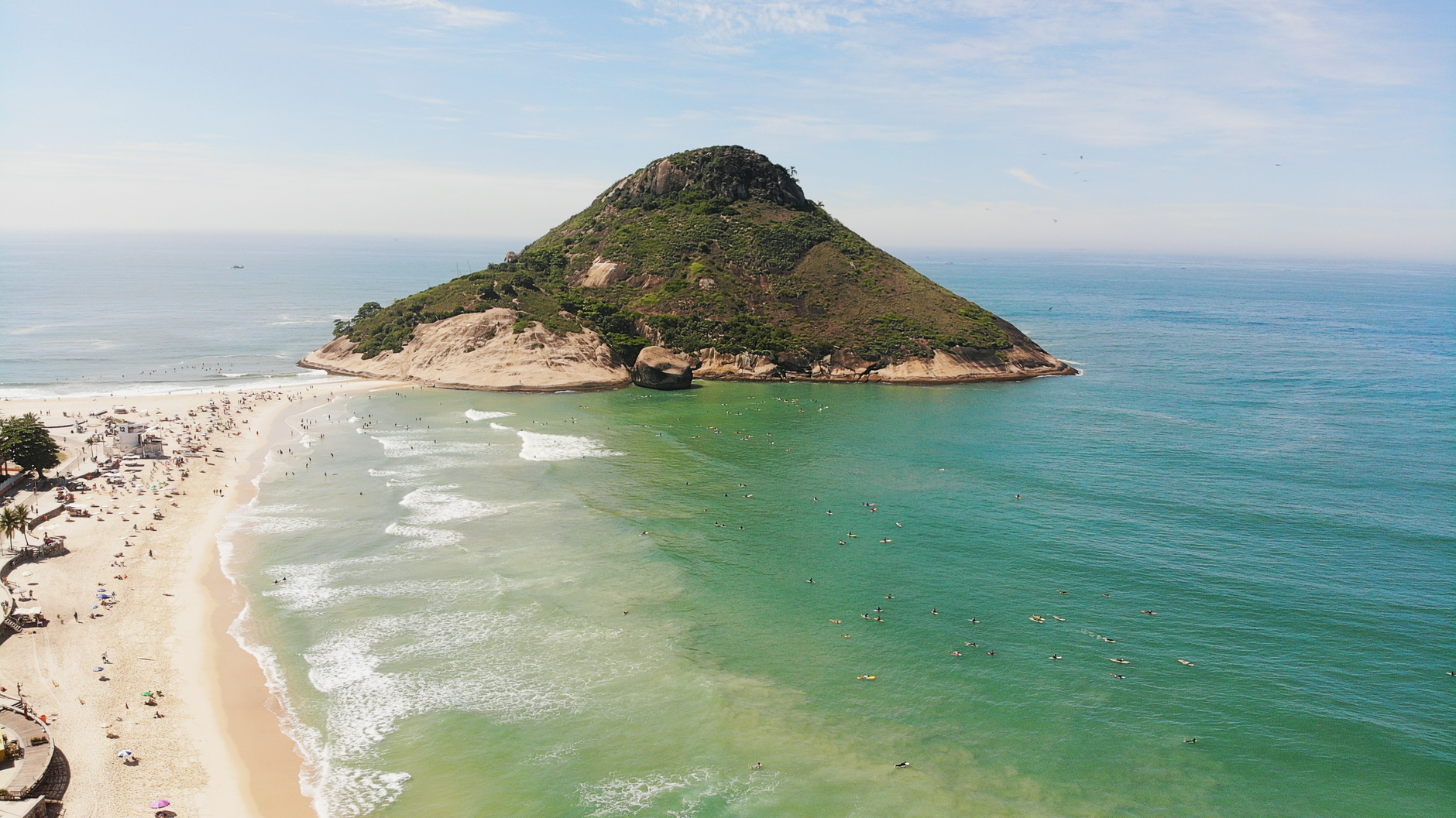 Stunning aerial view of Pontal Beach, Rio de Janeiro, showcasing the coastline and vibrant ocean.