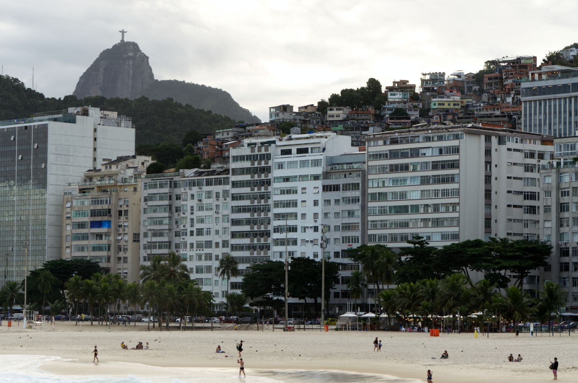 Scenic view of Copacabana Beach in Rio with Christ the Redeemer in the background.