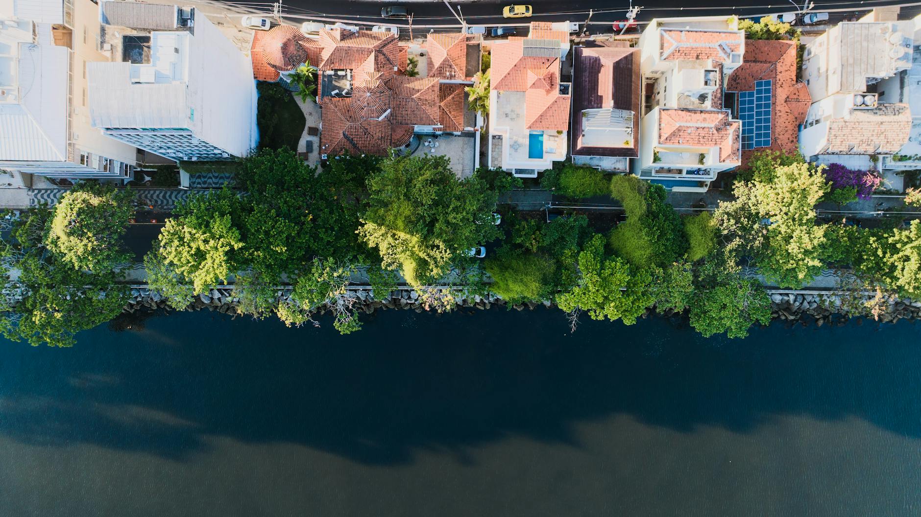 Stunning aerial photo of Rio de Janeiro's waterfront with houses and lush greenery.