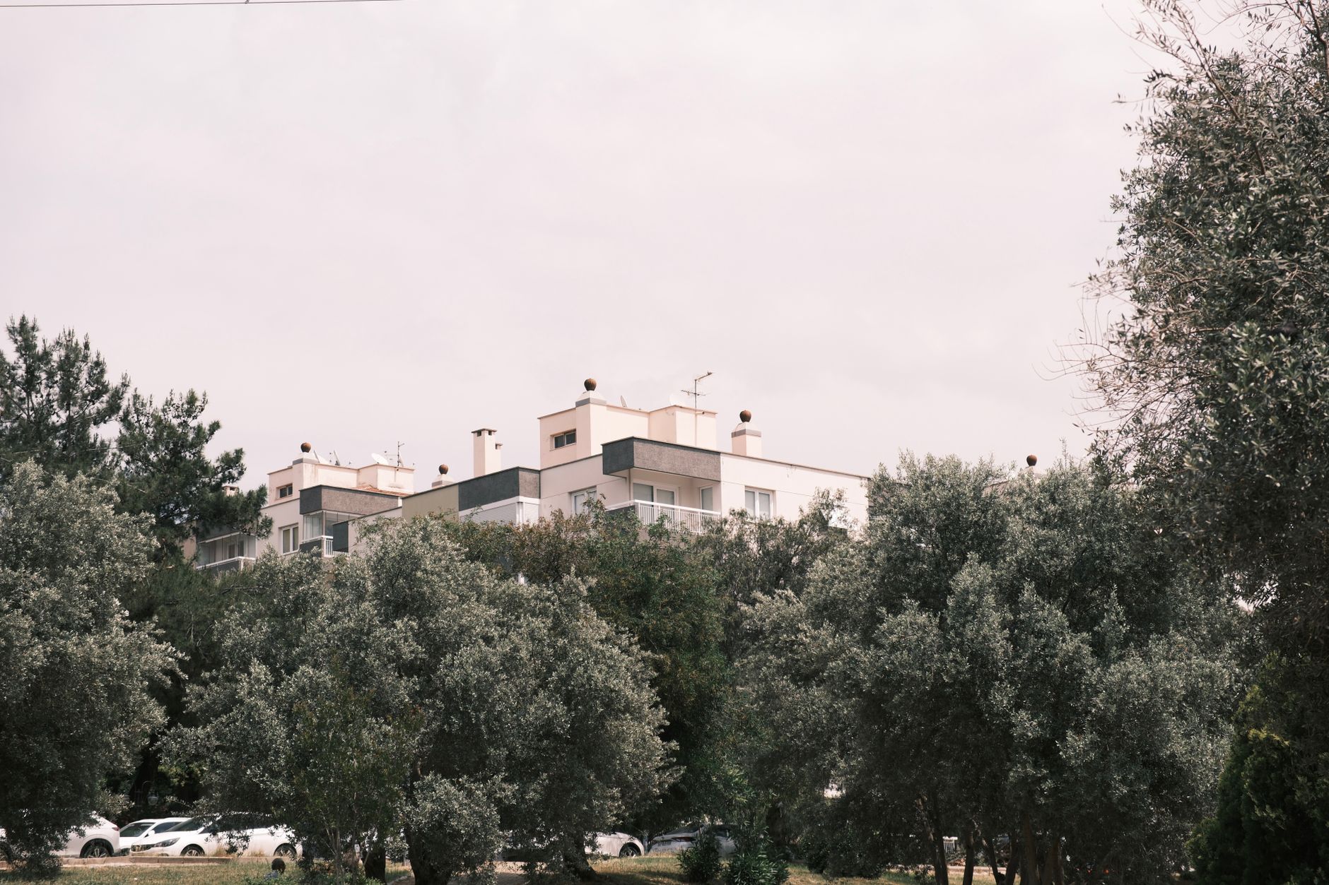 Apartment buildings surrounded by lush greenery in İzmir, Türkiye, under a cloudy sky.