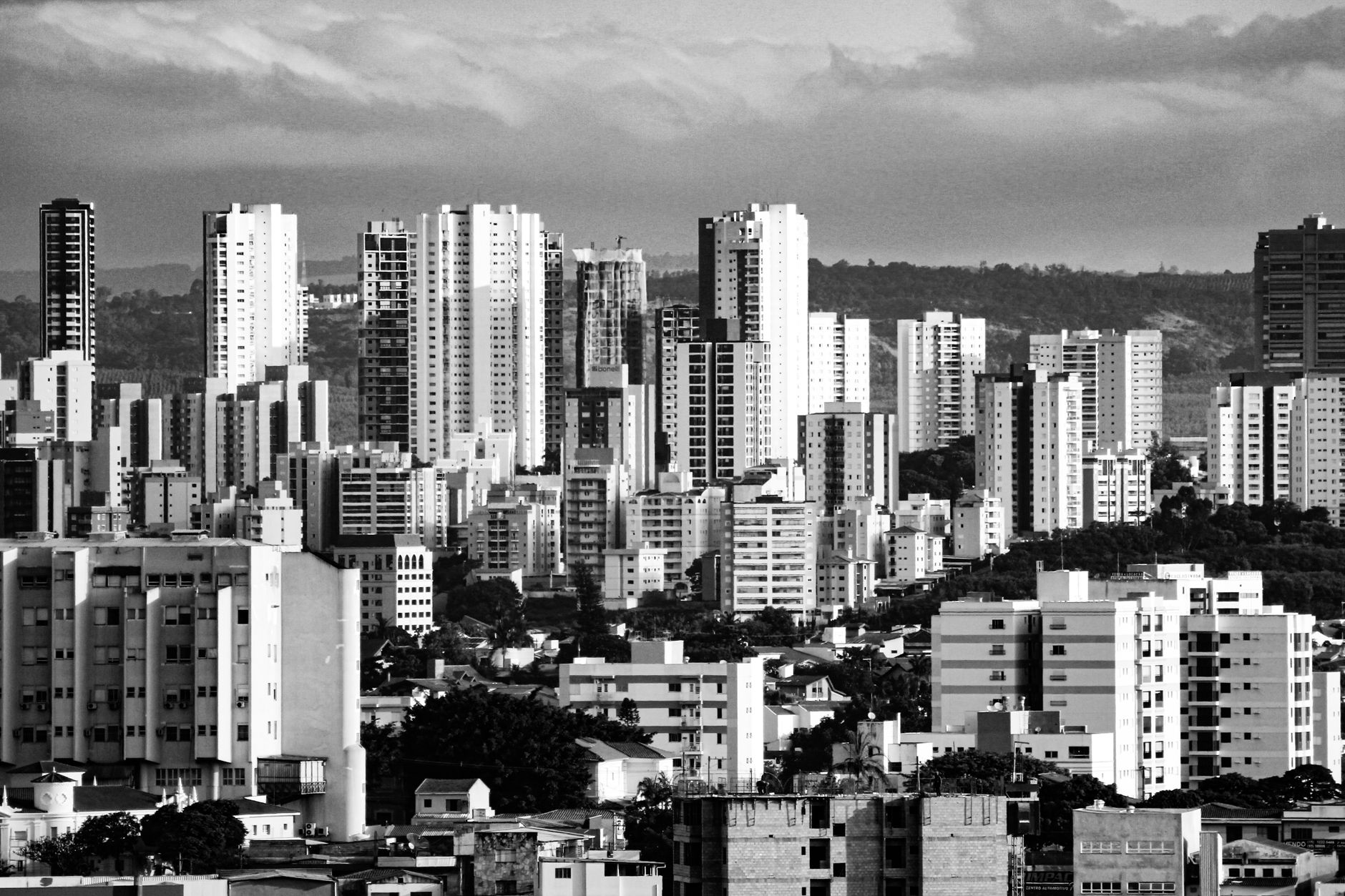 A striking black and white image of a modern city skyline with various skyscrapers.