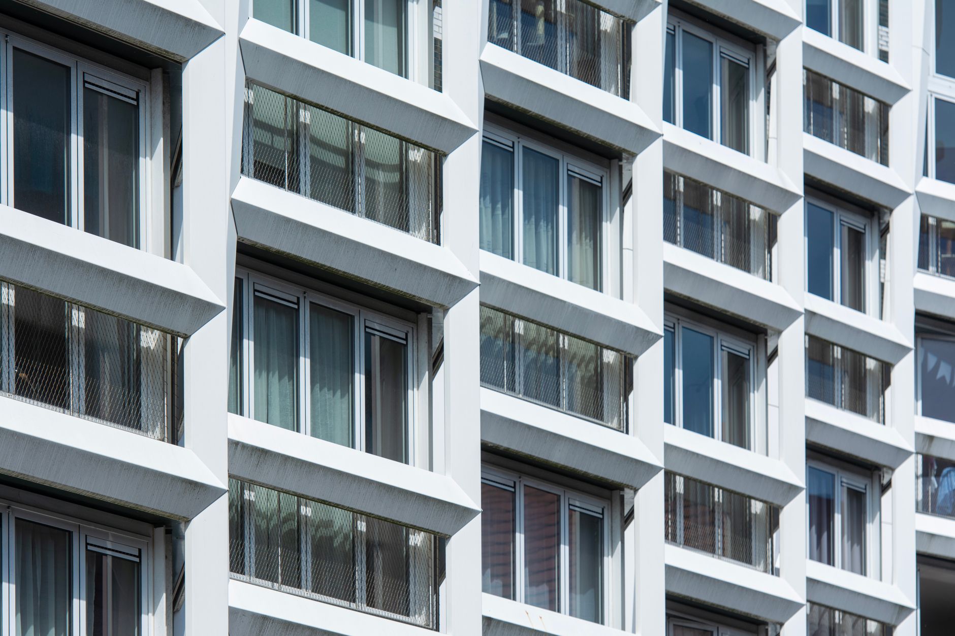 Close-up of a modern apartment building façade in Zaandam, Netherlands with geometric design.