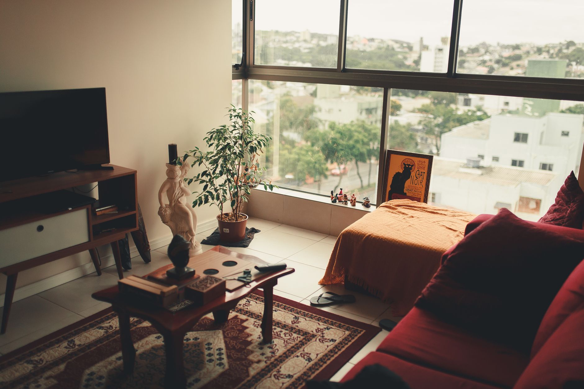 High angle interior of cozy living room with comfortable sofa and wooden furniture decorated with various decorative elements and cushions in daylight