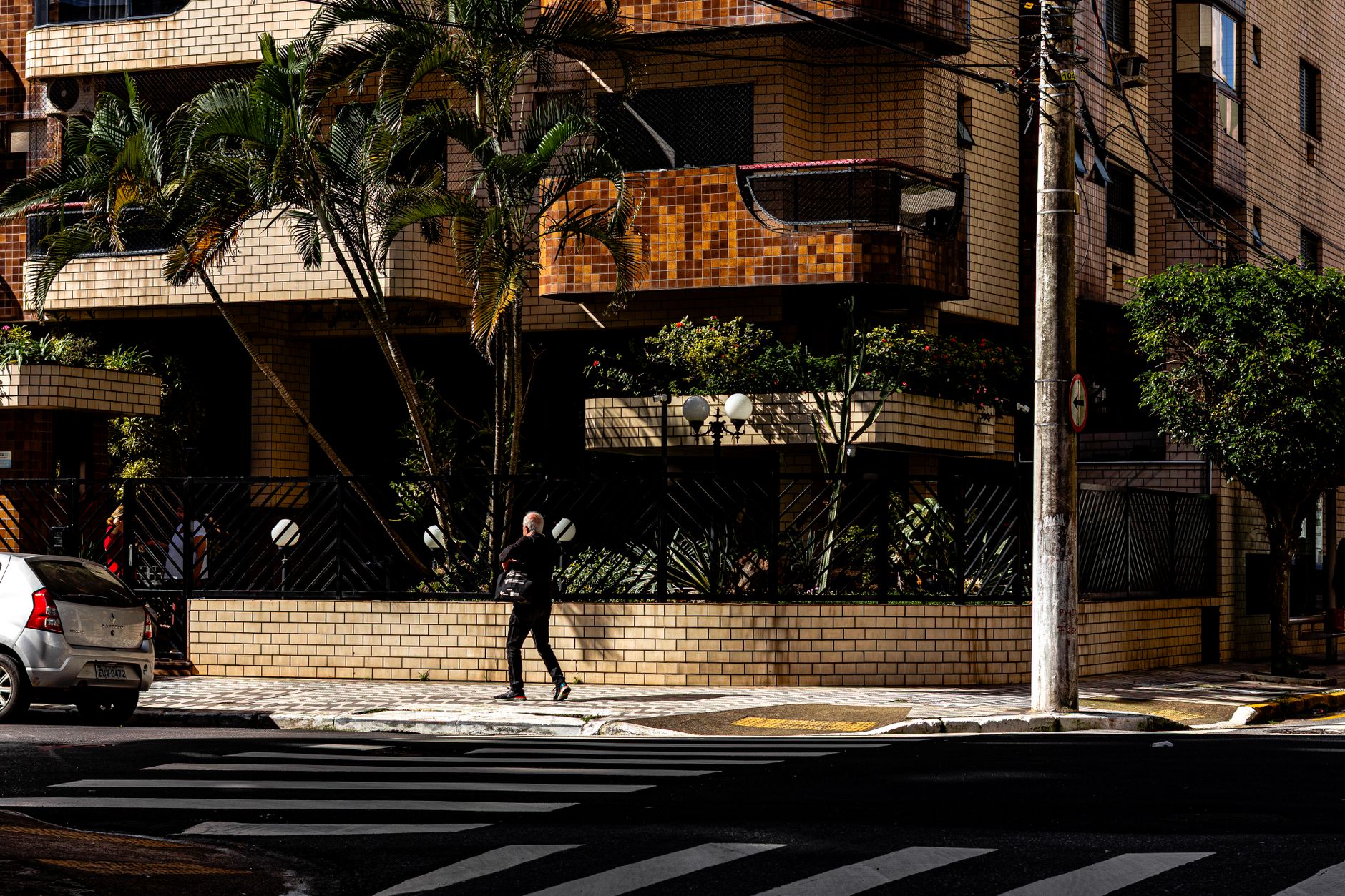 Person walking past modern urban building with palms, showcasing city life.