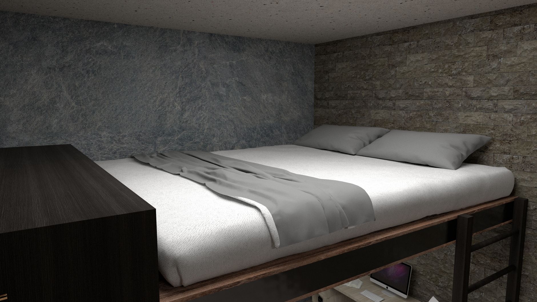 A cozy, minimalist bed with stone wall accent in a modern interior setting.