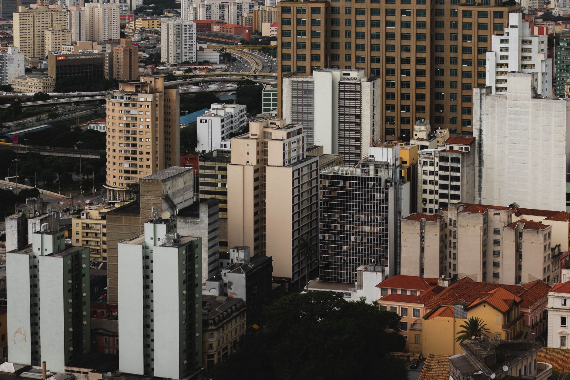 Aerial view showcasing the dense highrise buildings in São Paulo's vibrant urban landscape.