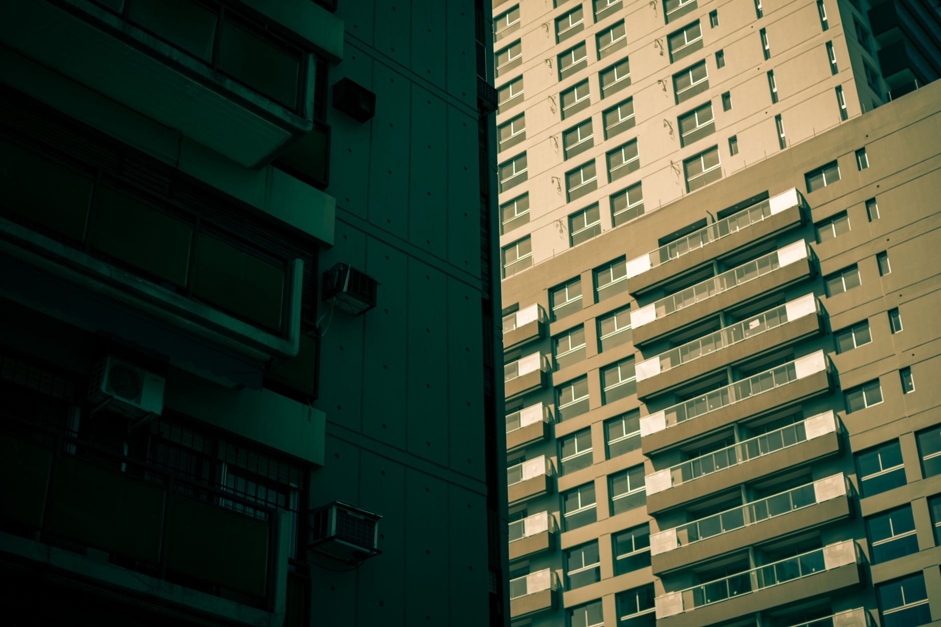 High-rise apartment buildings creating a dense urban cityscape in Buenos Aires, Argentina.