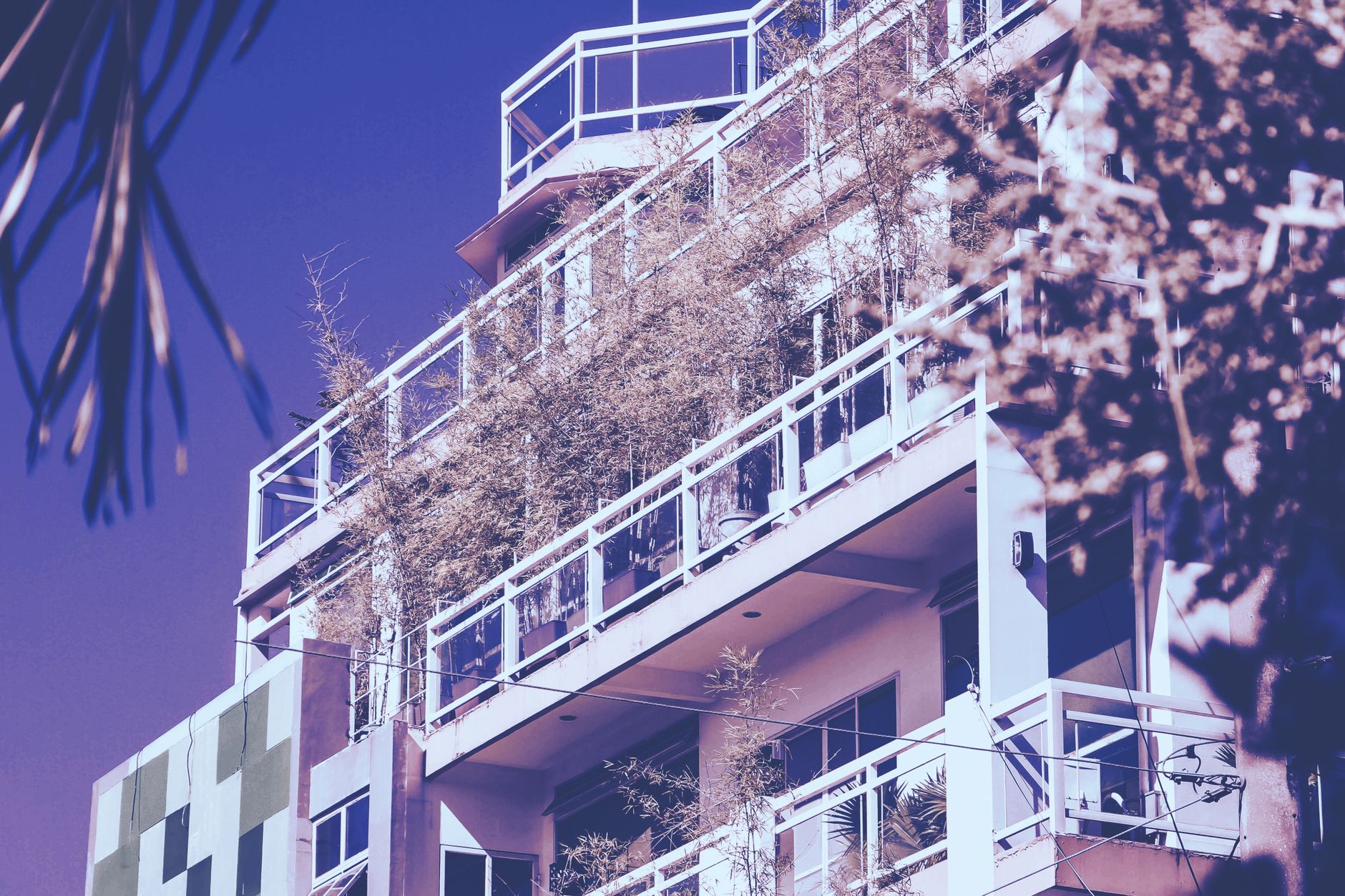 A modern multi-story building in the Philippines featuring greenery on balconies.