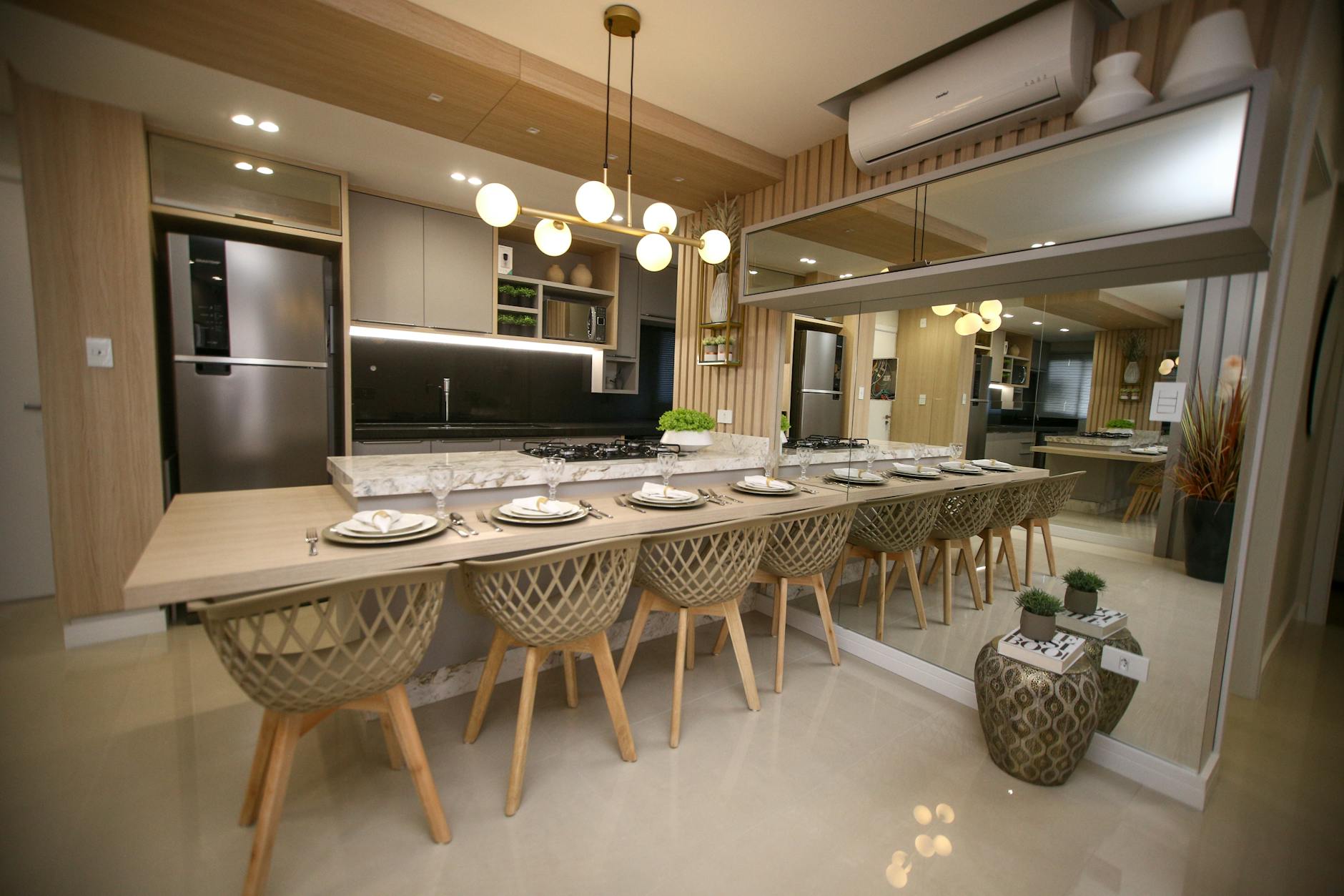Elegant kitchen dining space featuring contemporary design and chic furniture setup.
