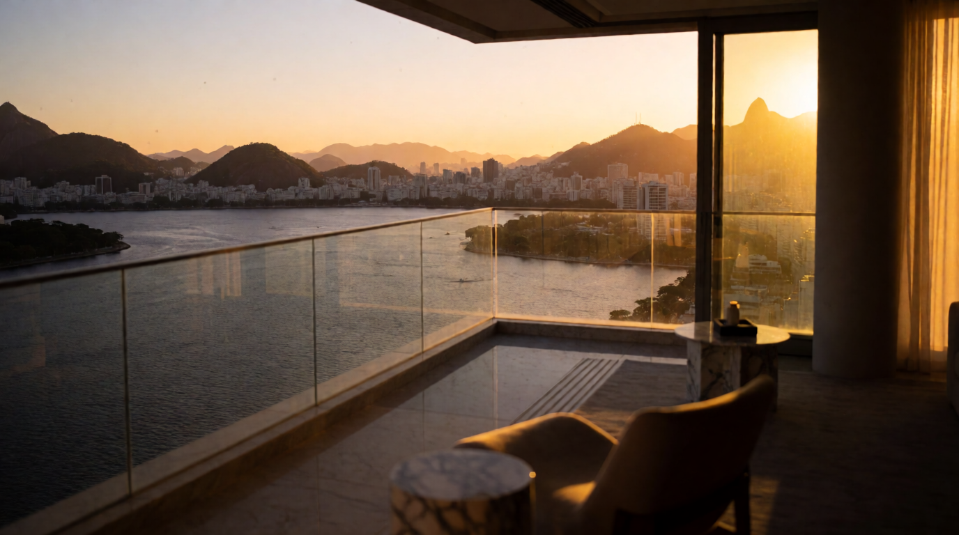 Vista de um flat de alto padrão com varanda para a Lagoa Rodrigo de Freitas