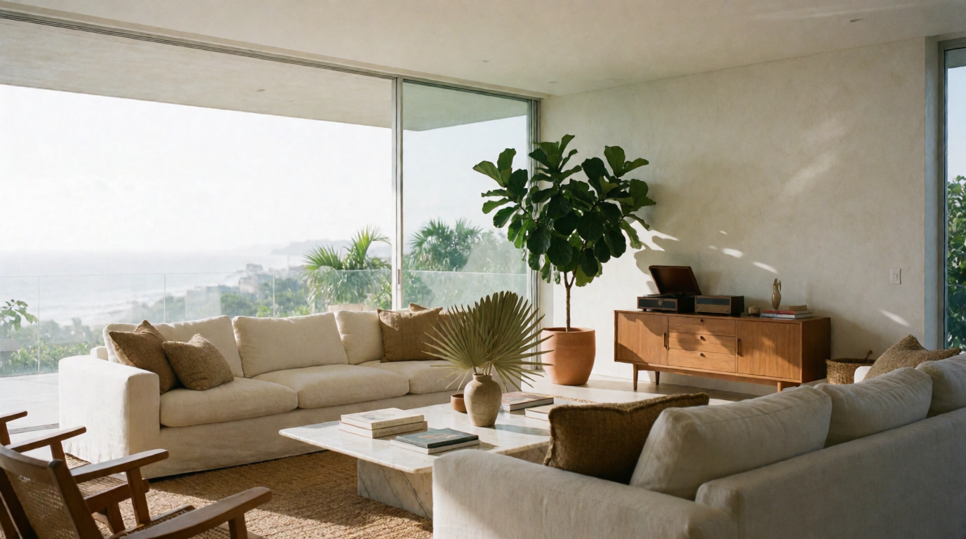 Sala de estar moderna de flat na Barra da Tijuca